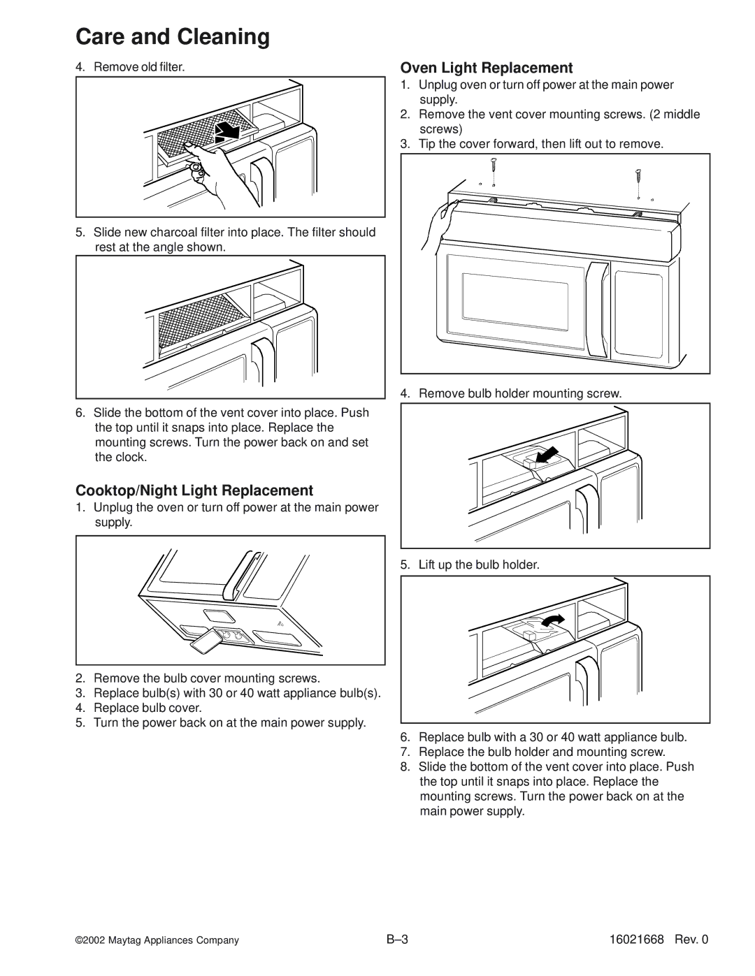 Maytag ACO1560AC, ACO1840AC, ACO1560AB, ACO1530AB, ACO1840AB Cooktop/Night Light Replacement, Oven Light Replacement 