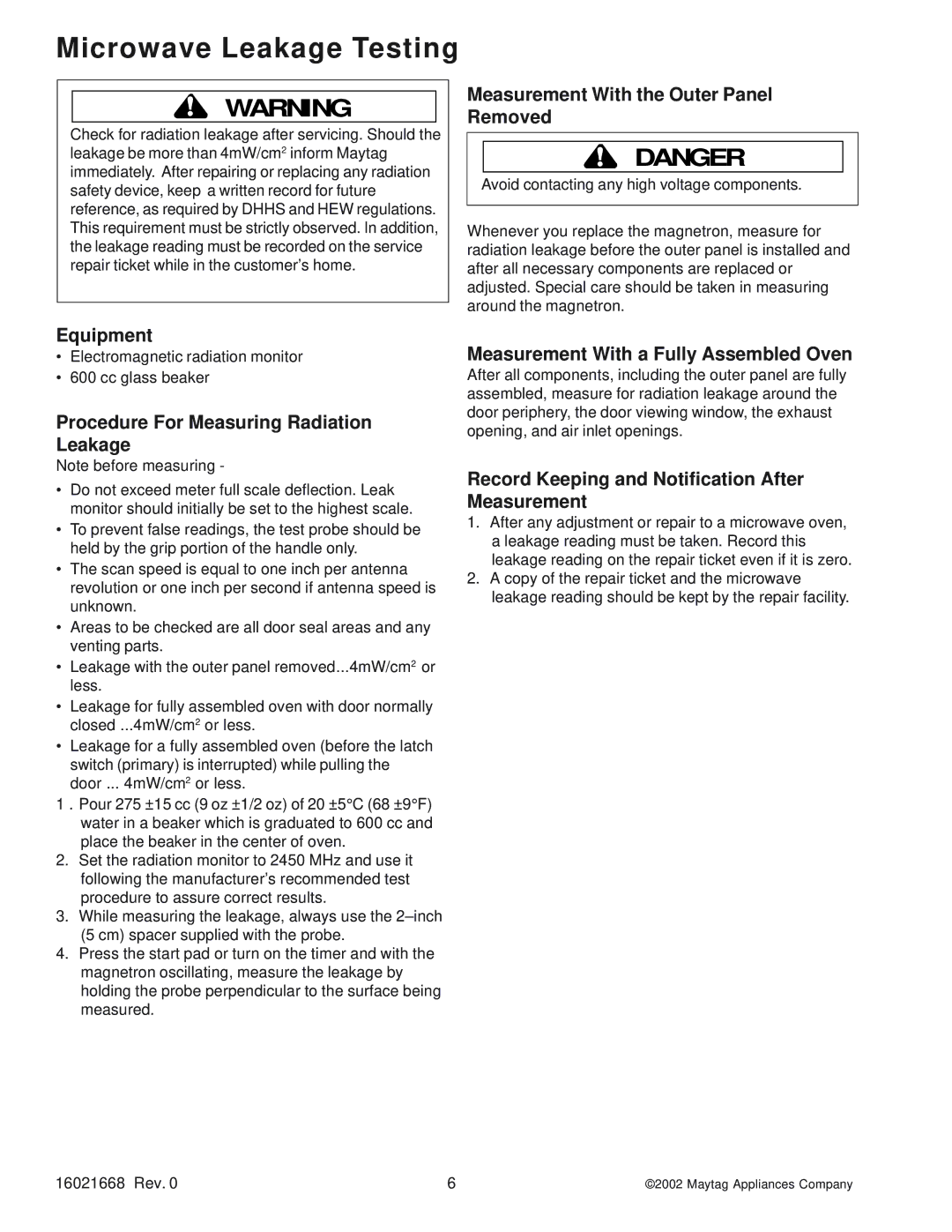 Maytag ACO1860AC, ACO1840AC, ACO1560AB, ACO1530AB, ACO1840AB, ACO1560AC, ACO1560AS, ACO1560AW Microwave Leakage Testing 