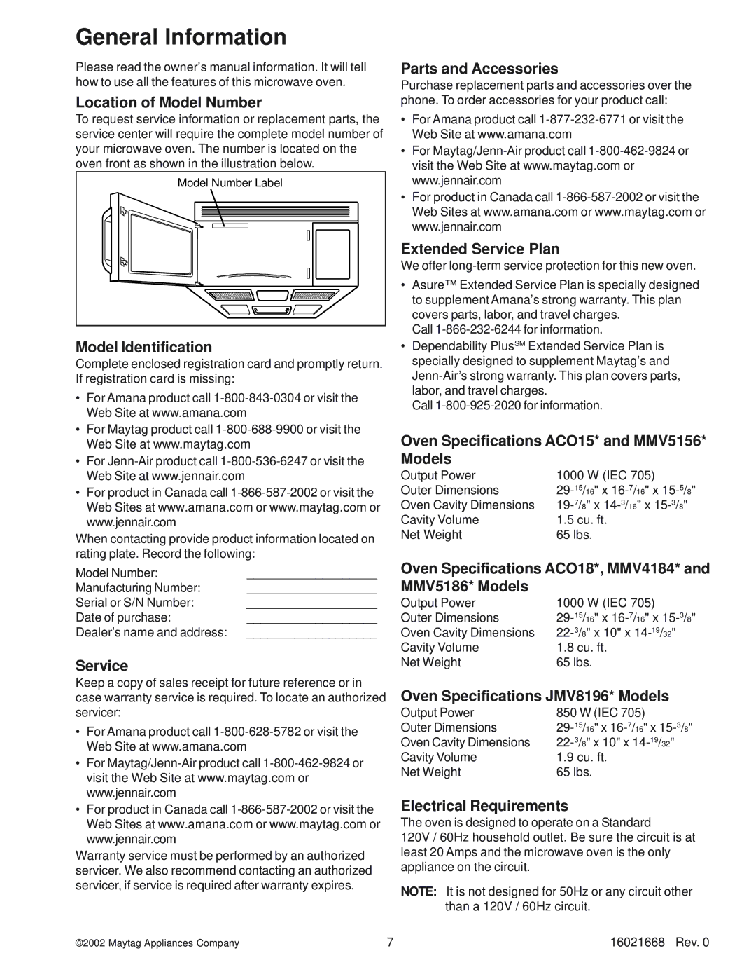 Maytag ACO1560AW, ACO1840AC, ACO1560AB, ACO1530AB, ACO1840AB, ACO1560AC, ACO1560AS, ACO1860AC, ACO1530AW General Information 