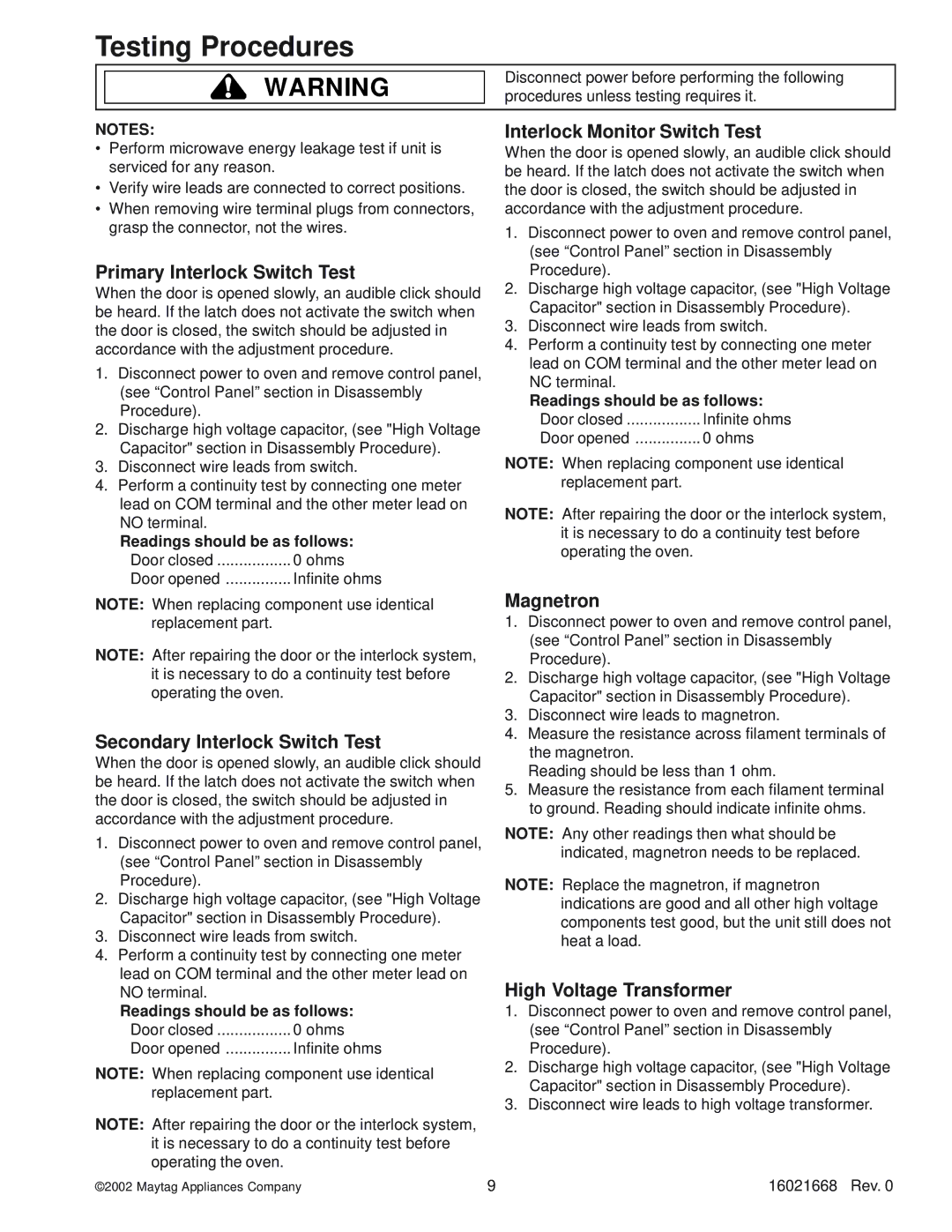 Maytag ACO1860AS, ACO1840AC, ACO1560AB, ACO1530AB, ACO1840AB, ACO1560AC, ACO1560AS, ACO1860AC, ACO1560AW Testing Procedures 