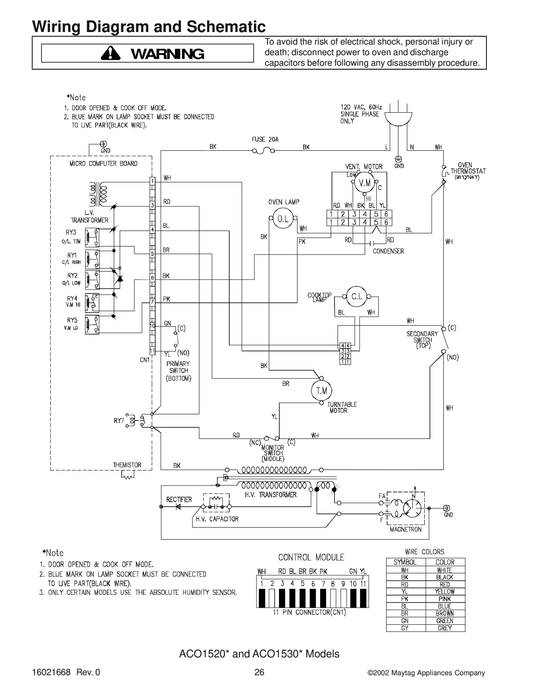 Maytag ACO1840AC, ACO1560AB Wiring Diagram and Schematic, ACO1520* and ACO1530* Models, Maytag Appliances Company 