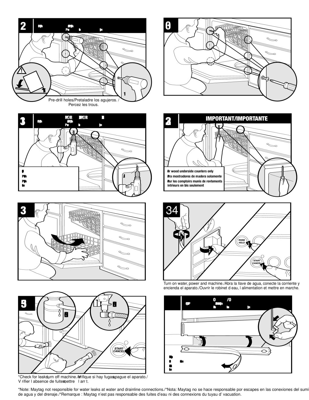 Maytag ADB1500AWW installation instructions Pre-drill holes. /Pretaladre los agujeros Percez les trous 