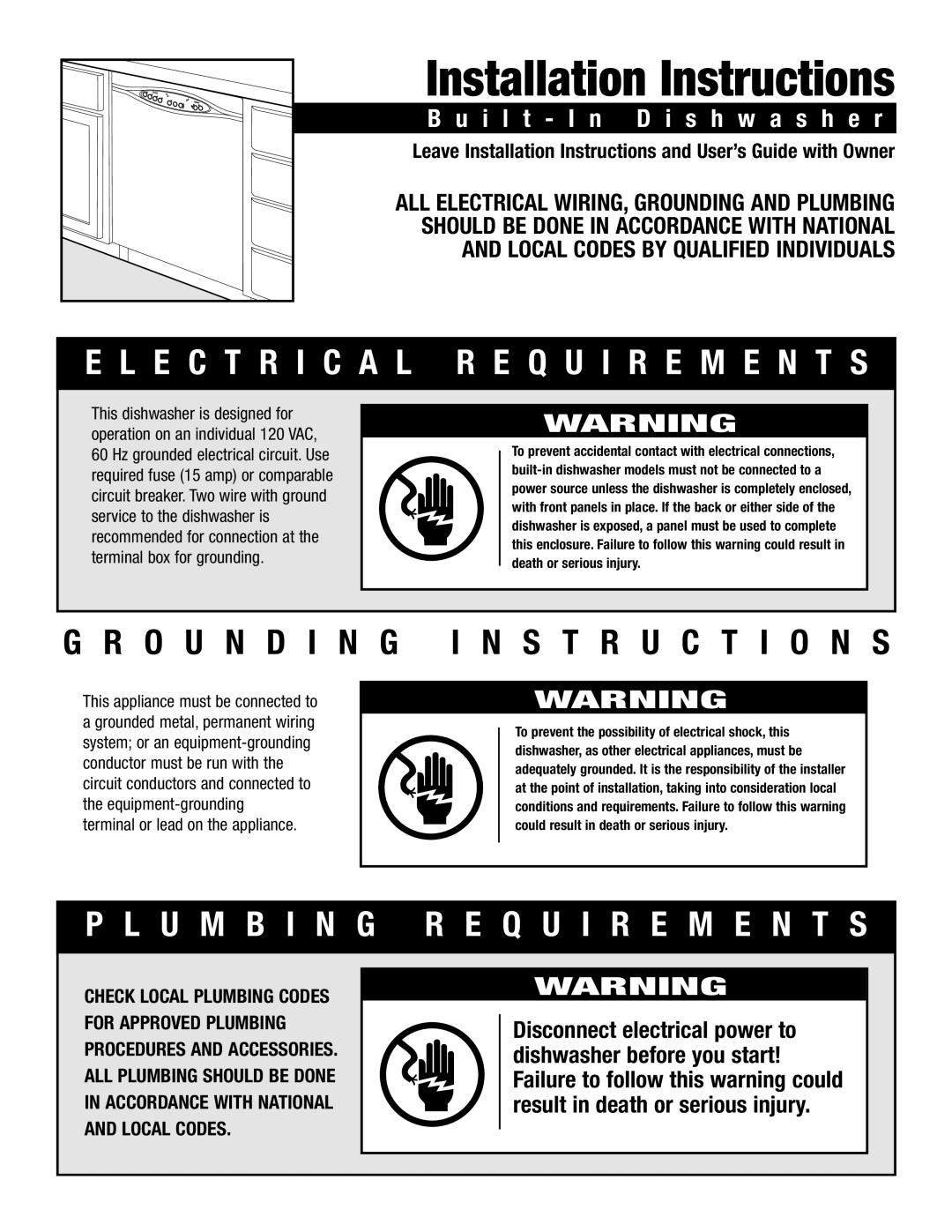 Maytag ADB1500AWW installation instructions Installation Instructions, E C T R I C a L R E Q U I R E M E N T S, U M B I N G 