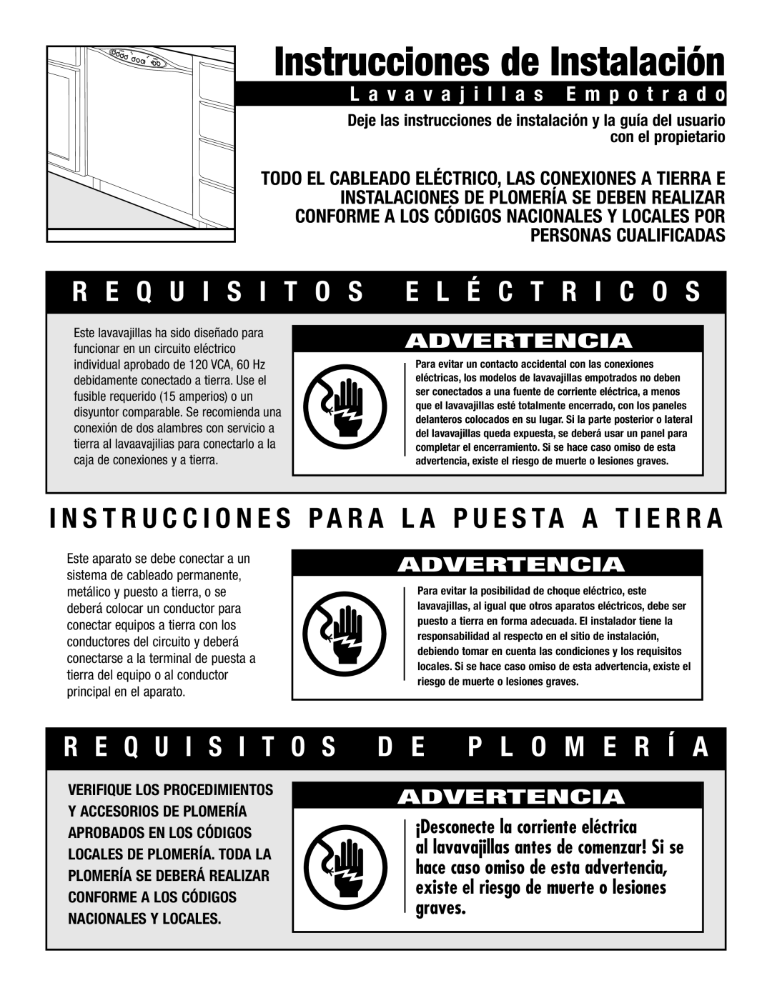 Maytag ADB1500AWW Instrucciones de Instalación, Q U I S I T O S E L É C T R I C O S, Q U I S I T O S D E P L O M E R Í a 