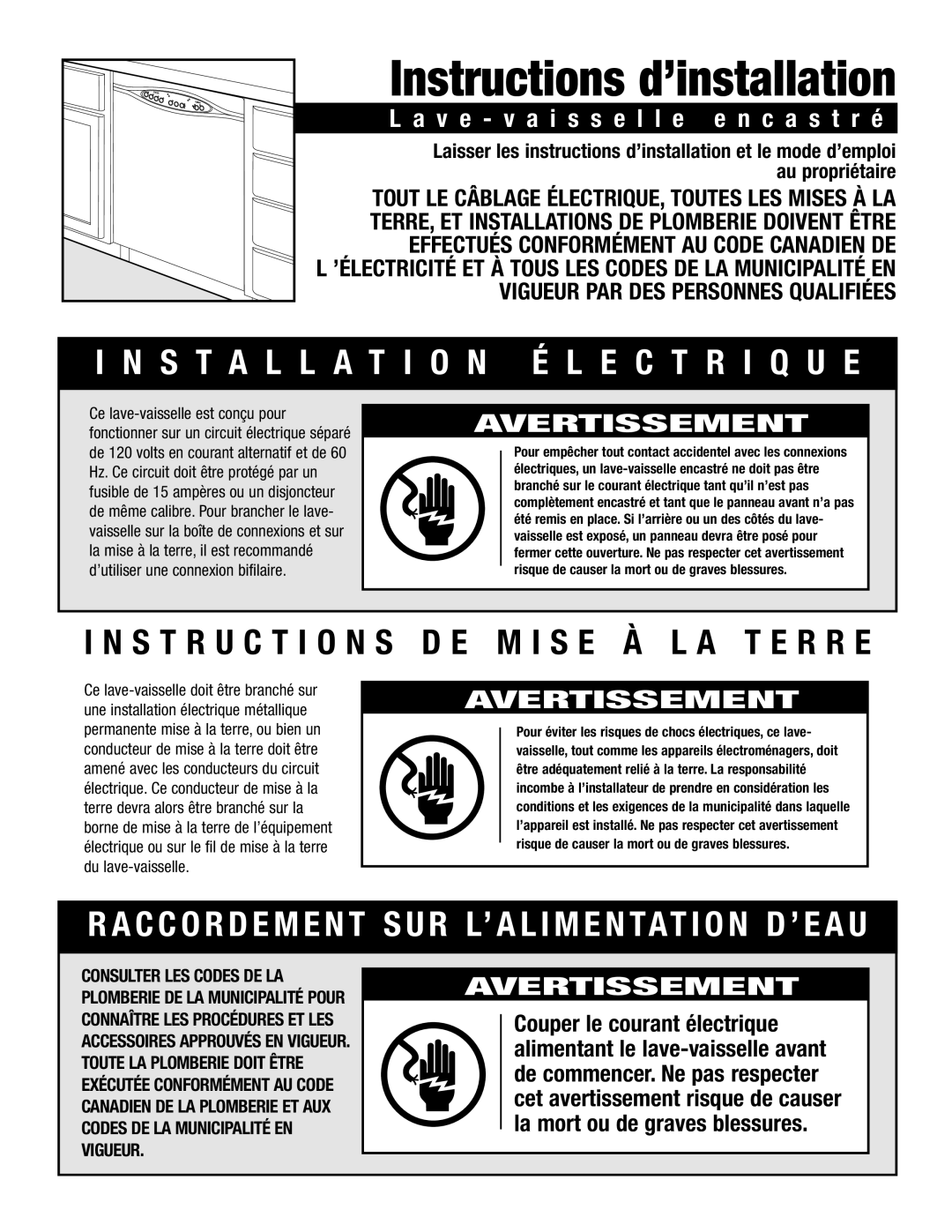 Maytag ADB1500AWW Instructions d’installation, Installation É L E C T R I Q U E, V e v a i s s e l l e e n c a s t r é 