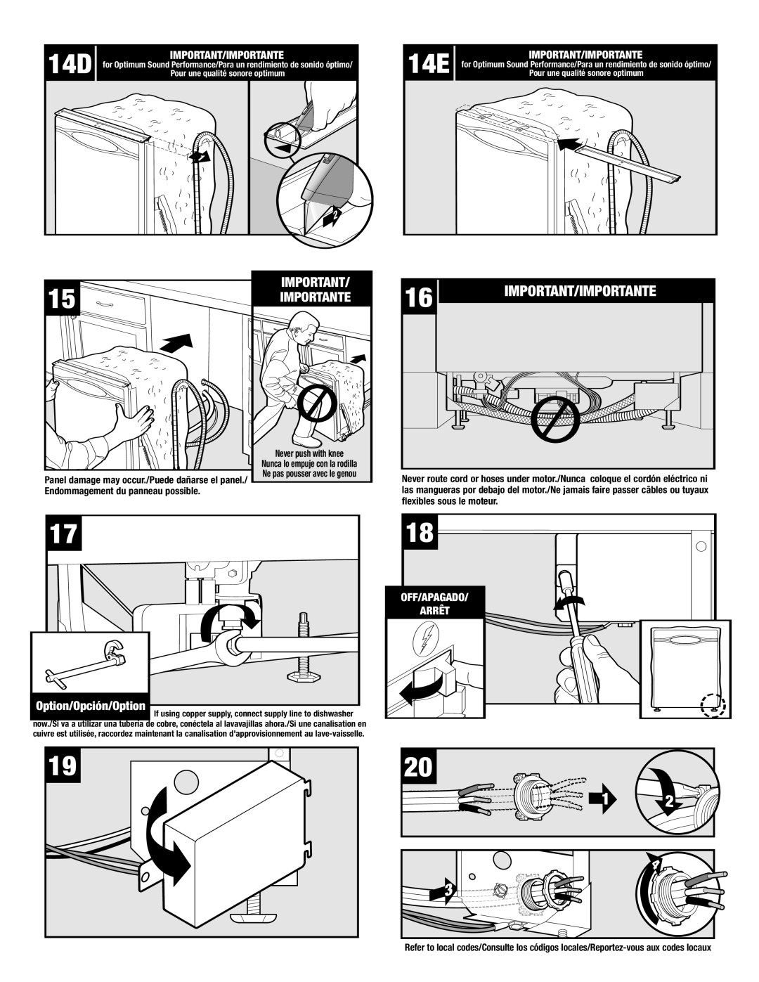 Maytag ADB1500AWW installation instructions 14D, Never push with knee 