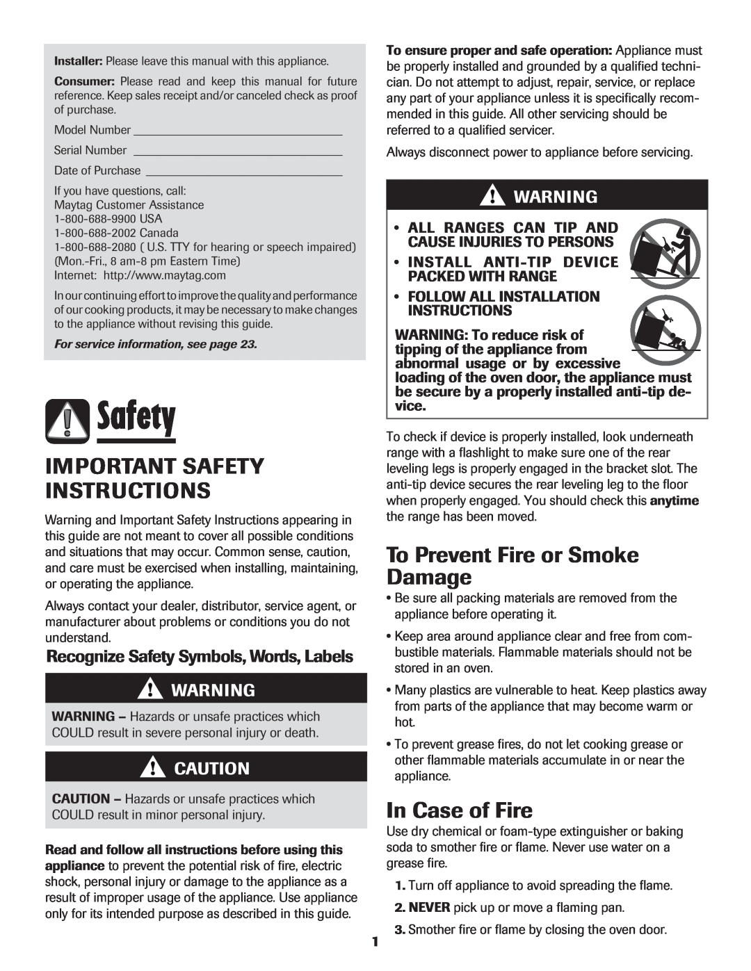 Maytag AGR5735QDB, 8113P450-60, AGR5735QDS, AGR5735QDQ, AGR5735QDW Important Safety Instructions, In Case of Fire 