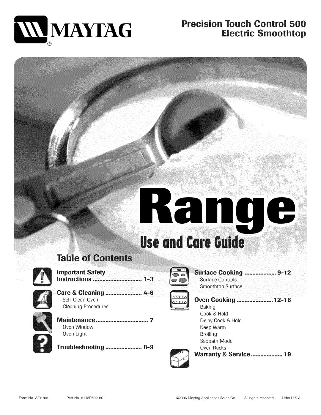 Maytag AGS1740BDQ, AGS1740BDW, 8113P592-60 warranty Precision Touch Control, Electric Smoothtop, Troubleshooting 