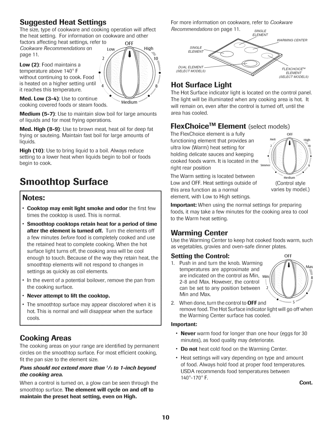 Maytag AGS1740BDQ, AGS1740BDW, 8113P592-60 Smoothtop Surface, Suggested Heat Settings, Cooking Areas, Warming Center 