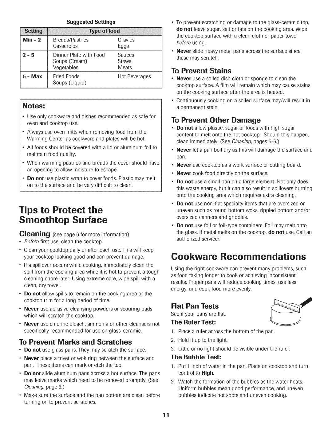 Maytag AGS1740BDQ, AGS1740BDW, 8113P592-60 warranty Tips to Protect Smoothtop Surface, Cookware Recommendations, Ruler Test 