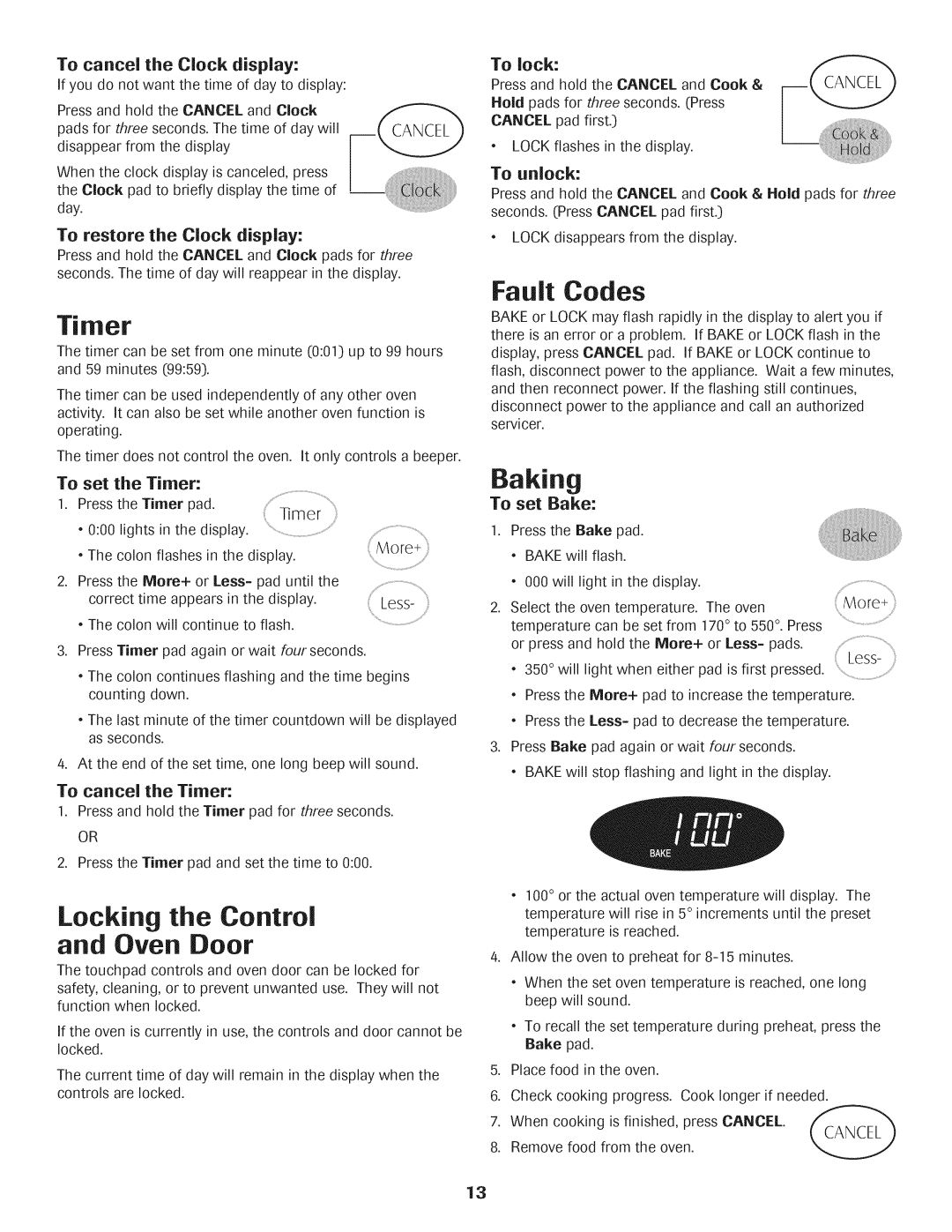 Maytag AGS1740BDQ, AGS1740BDW, 8113P592-60 warranty Fault Codes, Baking, Locking the Control 