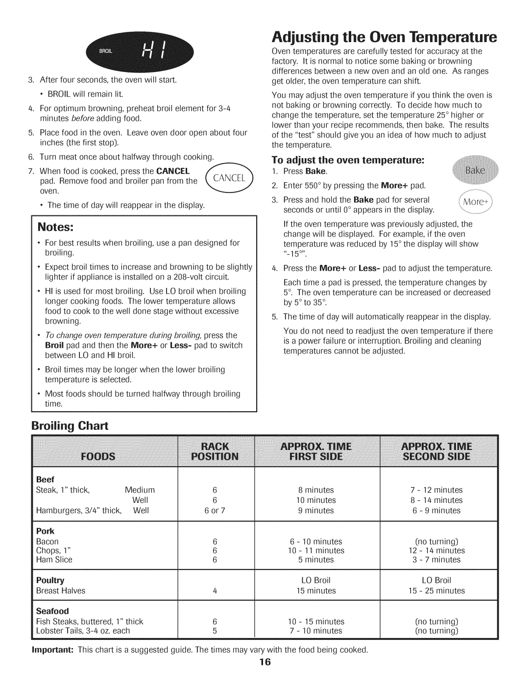 Maytag AGS1740BDQ, AGS1740BDW, 8113P592-60 Adjusting the Oven Temperature, Broiling Chart, To adjust the oven temperature 