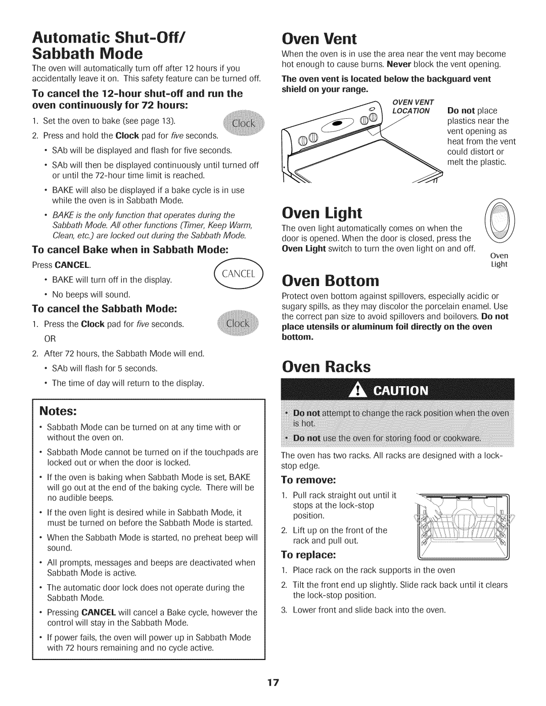 Maytag AGS1740BDQ, AGS1740BDW, 8113P592-60 Automatic Shut-Off Sabbath Mode, Oven Vent, To cancel Bake when in Sabbath Mode 