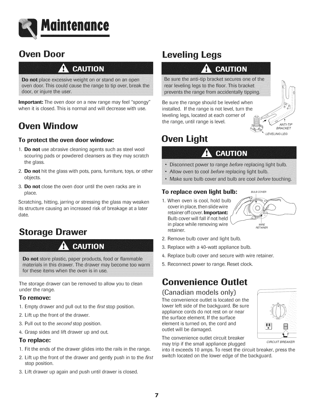 Maytag AGS1740BDQ, AGS1740BDW, 8113P592-60 warranty Oven Door Leveling Legs, Oven Window, Oven Light, Storage Drawer 