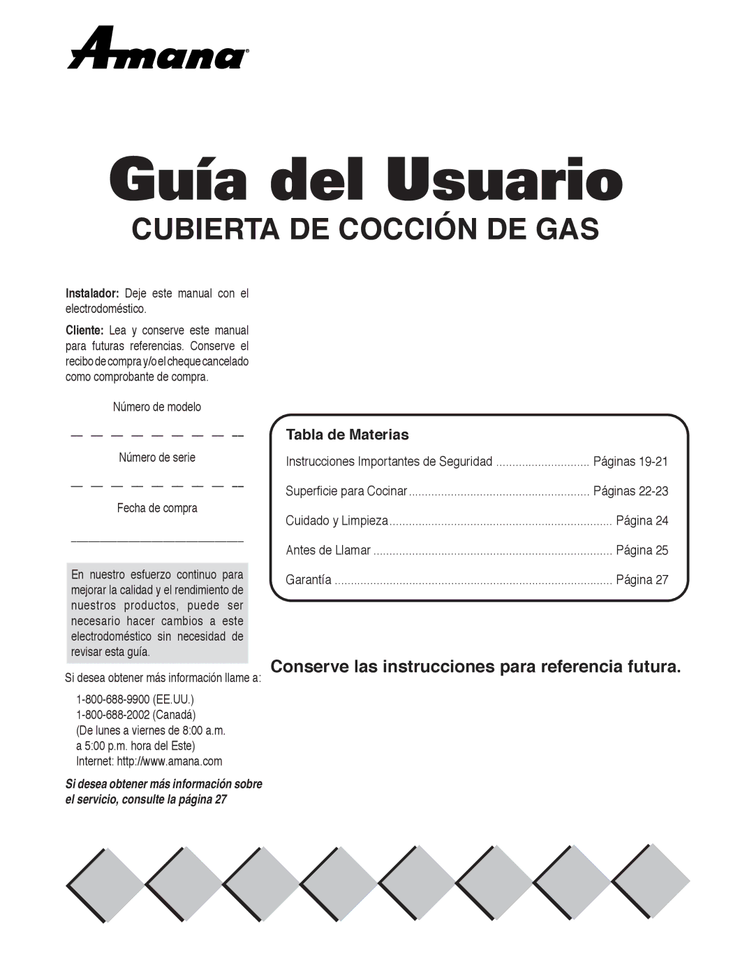 Maytag AKS3040 Tabla de Materias, Instalador Deje este manual con el electrodoméstico, Canadá, Página 