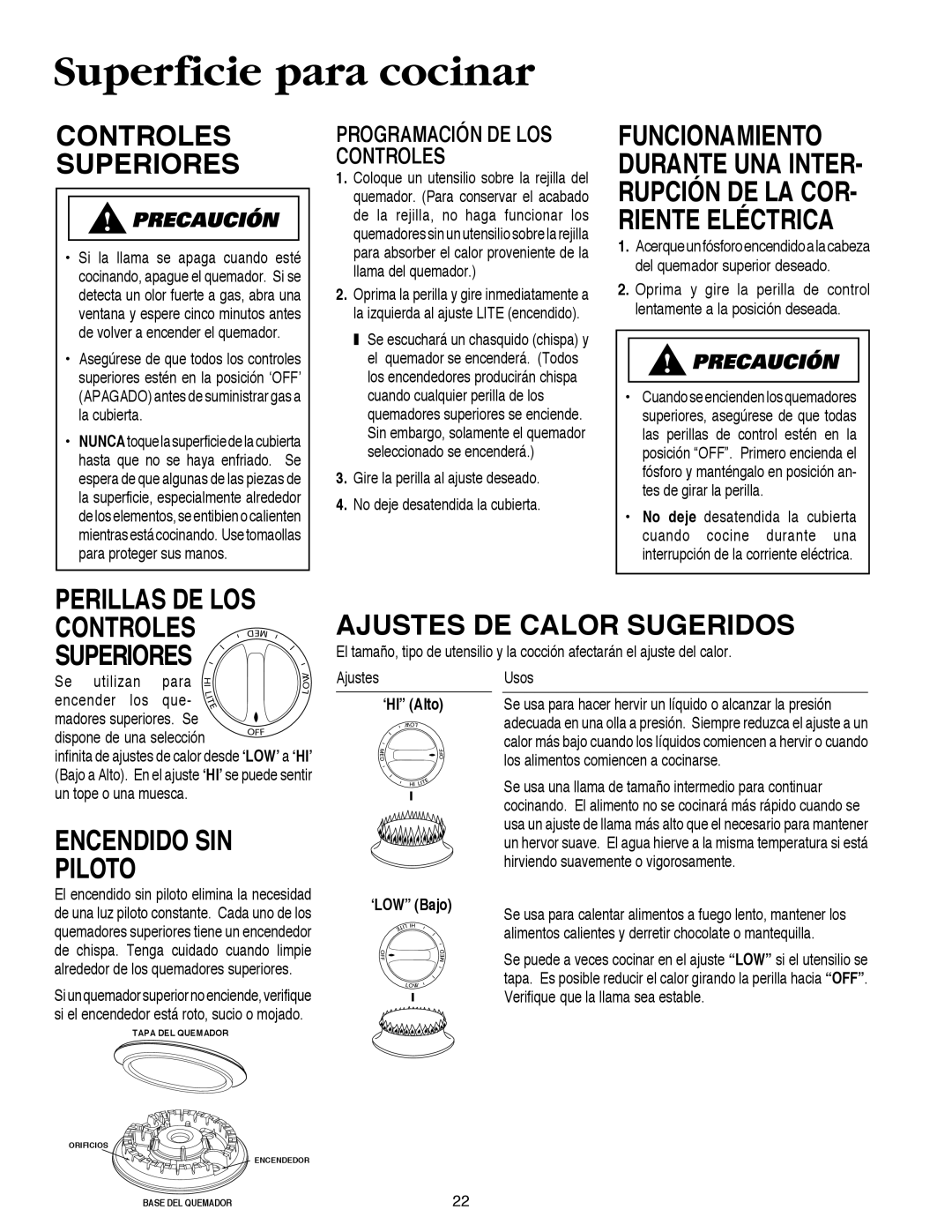 Maytag AKS3040 Superficie para cocinar, Controles Superiores, Ajustes DE Calor Sugeridos, Encendido SIN Piloto 