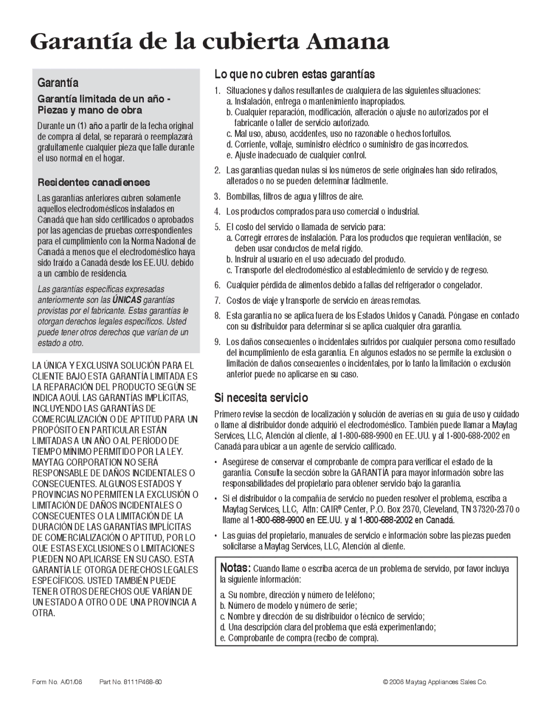 Maytag AKS3040 Garantía de la cubierta Amana, Residentes canadienses, Garantía limitada de un año Piezas y mano de obra 