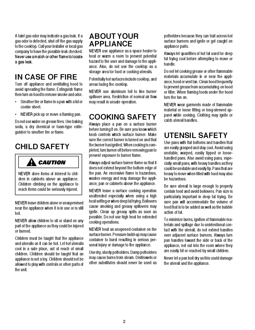 Maytag AKS3040 Case of Fire, Child Safety, About Your Appliance, Cooking Safety, Utensil Safety 