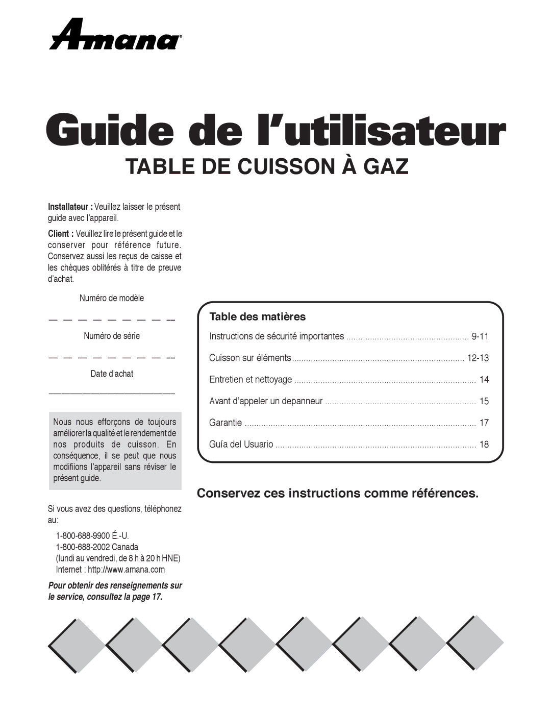 Maytag AKS3040 important safety instructions Table des matières, Numéro de modèle Numéro de série Date d’achat, 12-13 