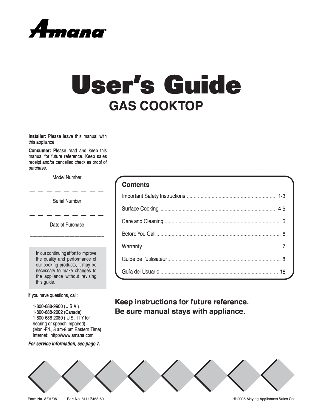 Maytag AKS3040 important safety instructions User’s Guide, Gas Cooktop, Contents, Model Number, Serial Number 