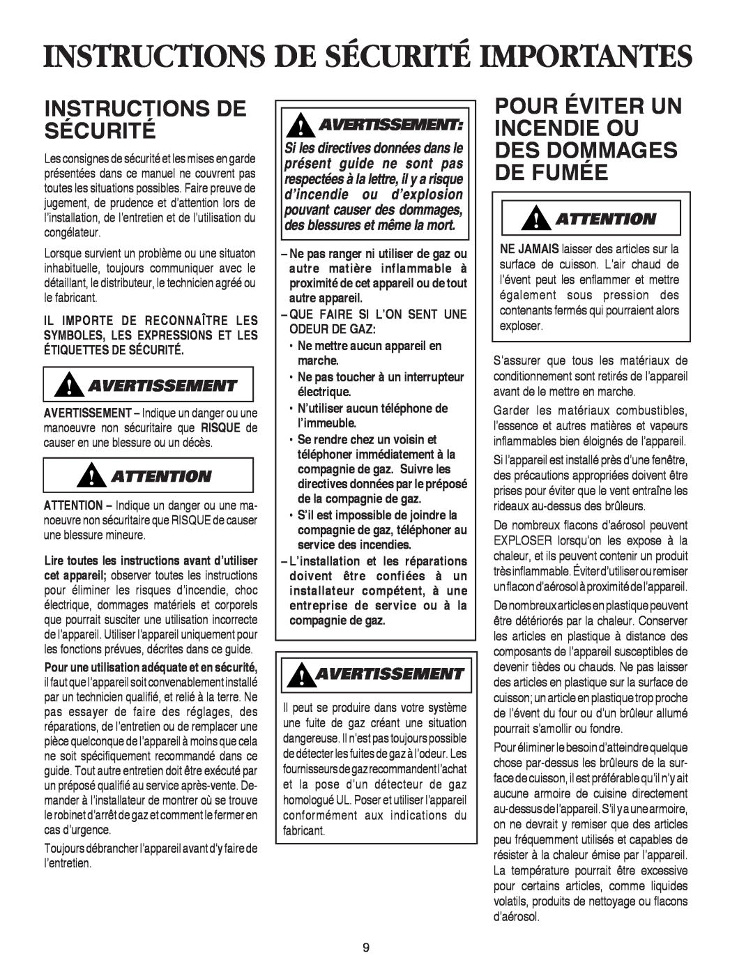 Maytag AKS3040 Instructions De Sécurité, Pour Éviter Un Incendie Ou Des Dommages De Fumée, Avertissement 