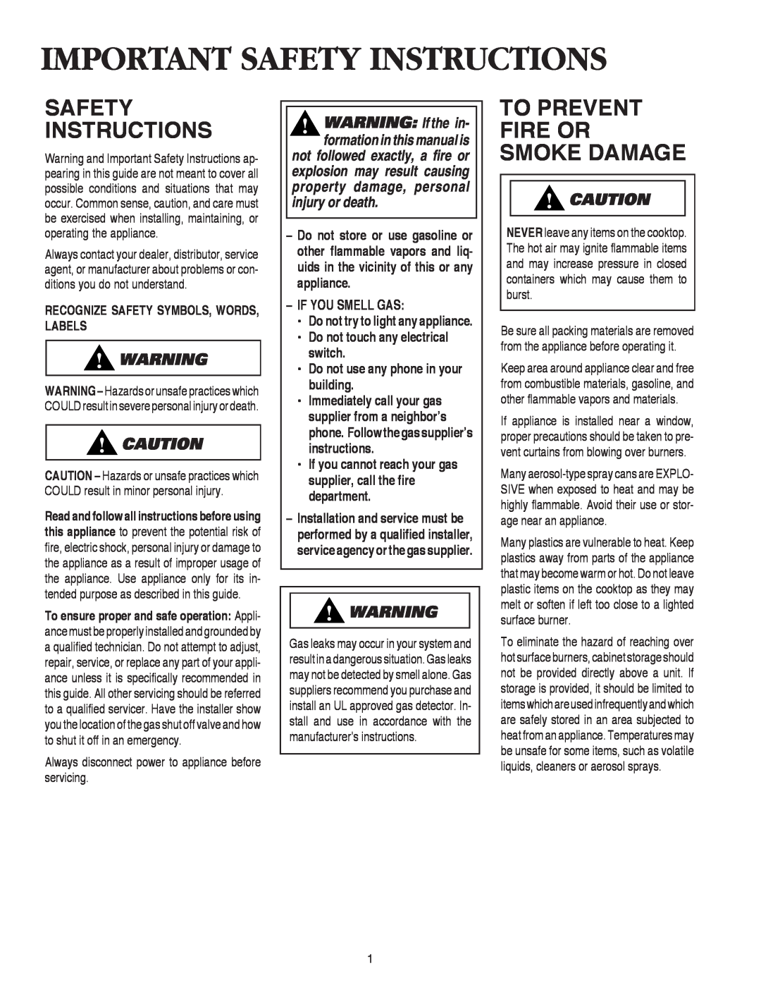 Maytag AKS3040 Important Safety Instructions, To Prevent Fire Or Smoke Damage, If You Smell Gas 