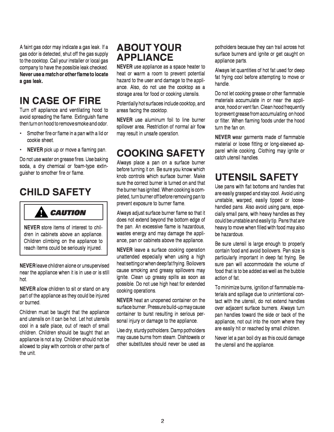 Maytag AKS3040 In Case Of Fire, Child Safety, About Your Appliance, Cooking Safety, Utensil Safety 