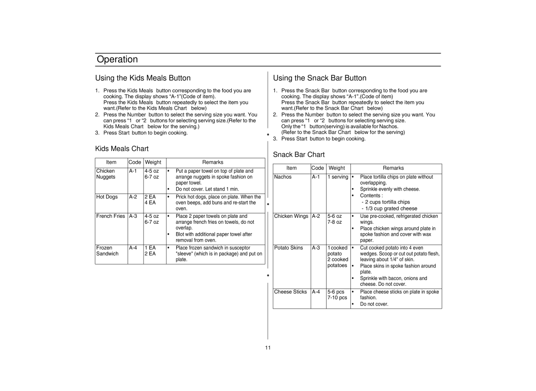 Maytag AMC5101AAS, AMC5101AAB/W Using the Kids Meals Button, Using the Snack Bar Button, Kids Meals Chart, Snack Bar Chart 