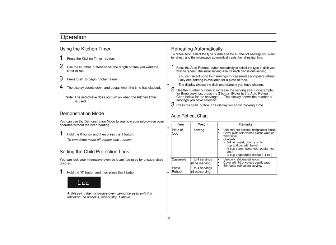 Maytag AMC5101AAB/W Using the Kitchen Timer, Demonstration Mode, Setting the Child Protection Lock, Auto Reheat Chart 