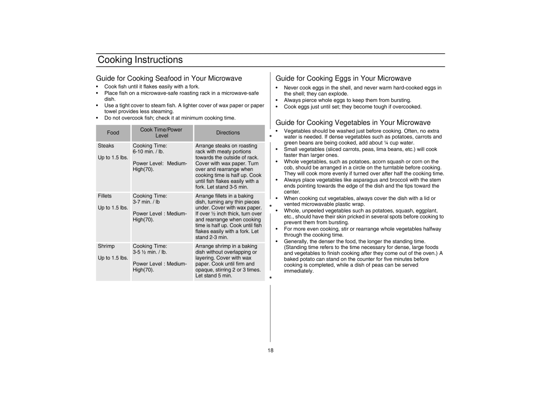 Maytag AMC5101AAB/W, AMC5101AAS Guide for Cooking Seafood in Your Microwave, Guide for Cooking Eggs in Your Microwave 