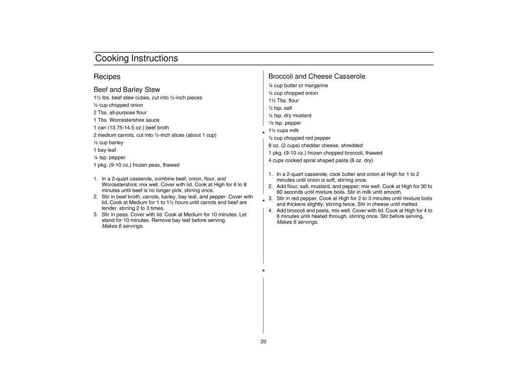 Maytag AMC5101AAB/W, AMC5101AAS owner manual Recipes, Beef and Barley Stew, Broccoli and Cheese Casserole 