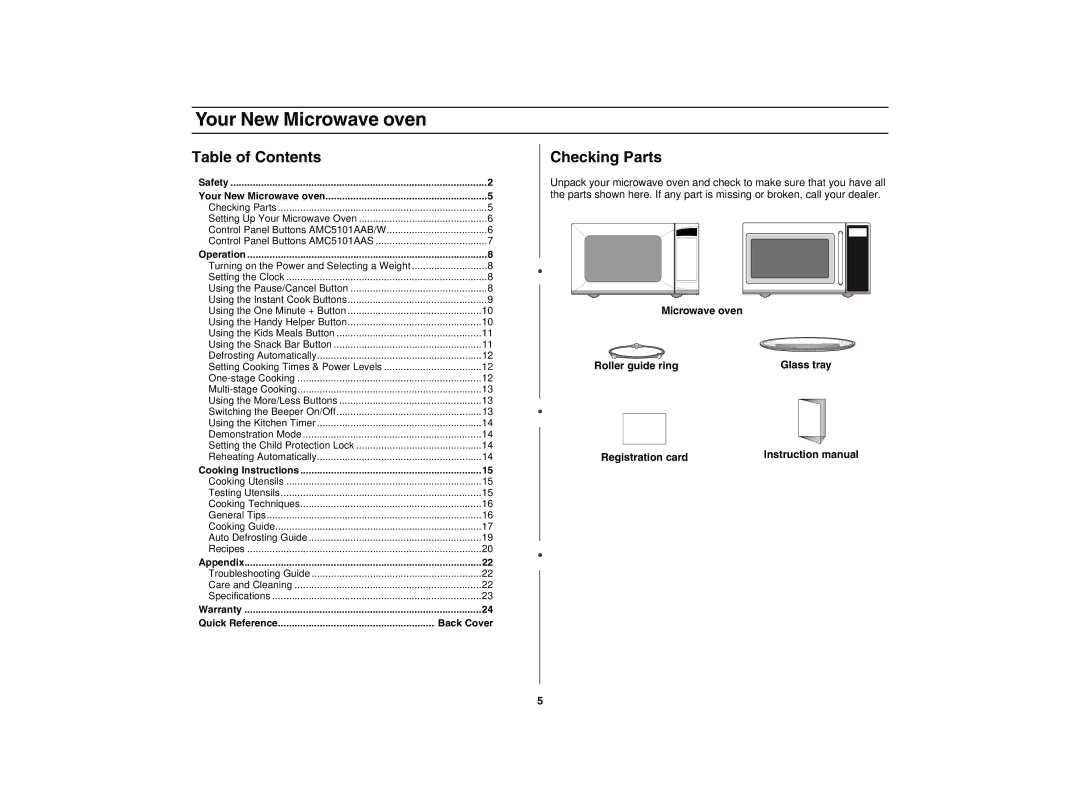 Maytag AMC5101AAS, AMC5101AAB/W owner manual Your New Microwave oven, Table of Contents, Checking Parts 