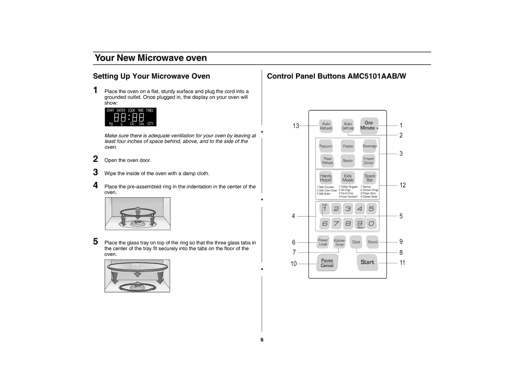 Maytag AMC5101AAS owner manual Setting Up Your Microwave Oven, Control Panel Buttons AMC5101AAB/W 