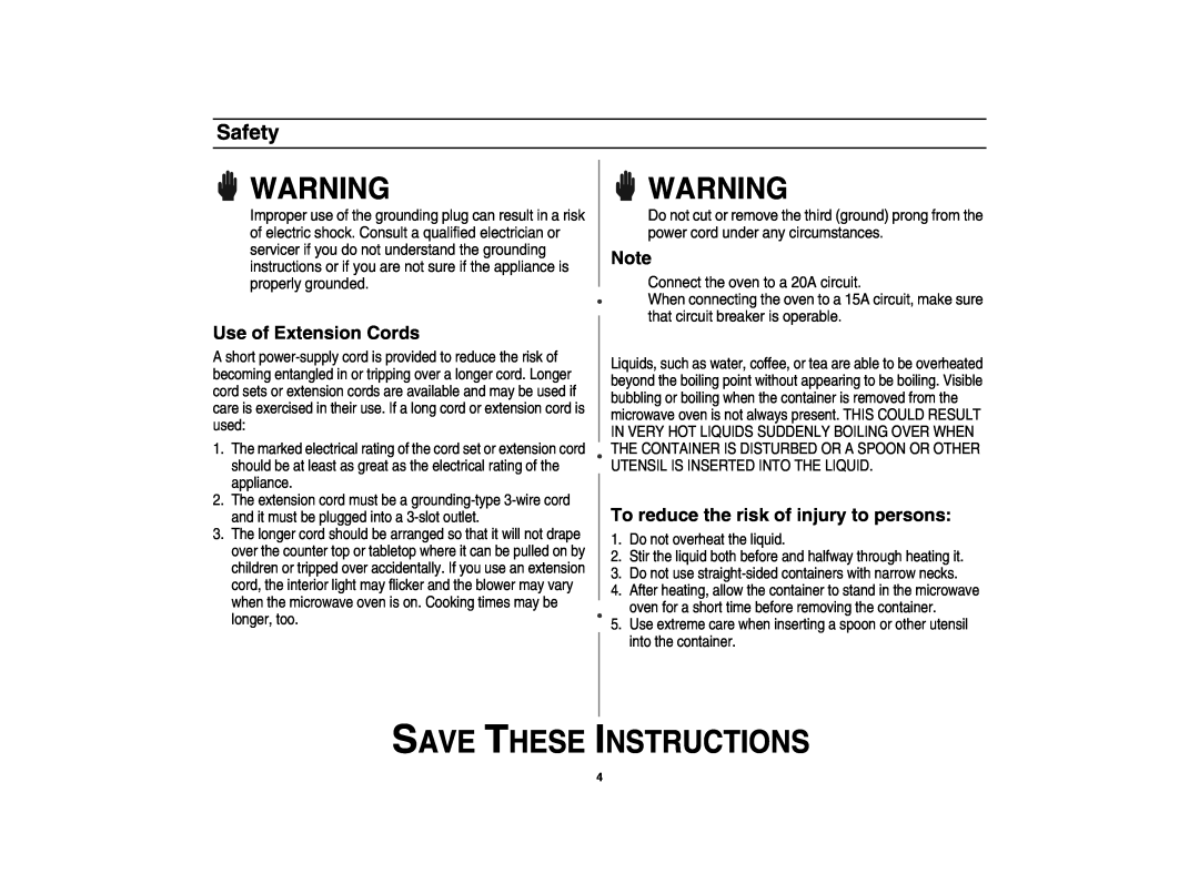 Maytag AMC5101AAB/W Use of Extension Cords, To reduce the risk of injury to persons, Save These Instructions, Safety 