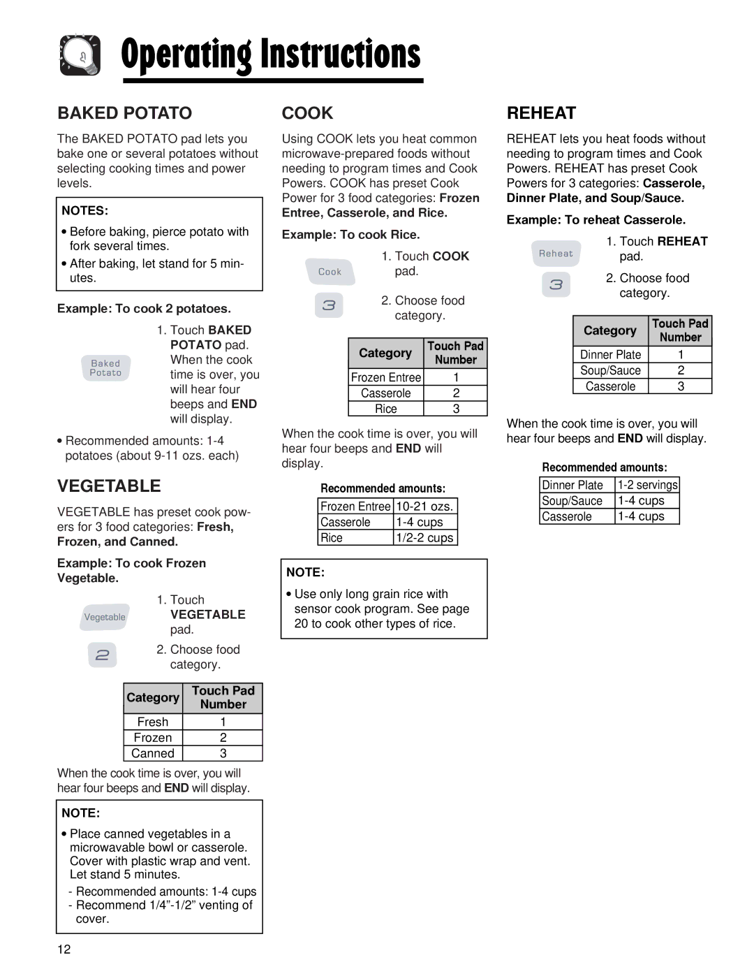 Maytag AMV5164AC, AMV5164AA important safety instructions Baked Potato, Vegetable, Cook, Reheat 