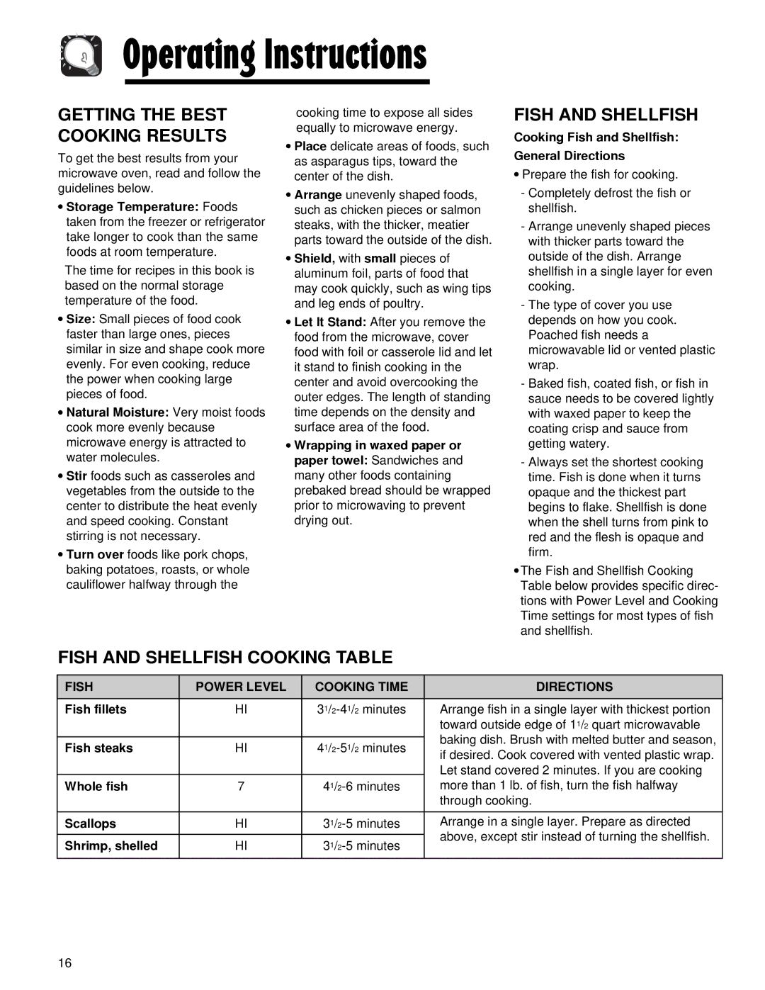 Maytag AMV5164AC, AMV5164AA Fish and Shellfish Cooking Table, Getting the Best Cooking Results 