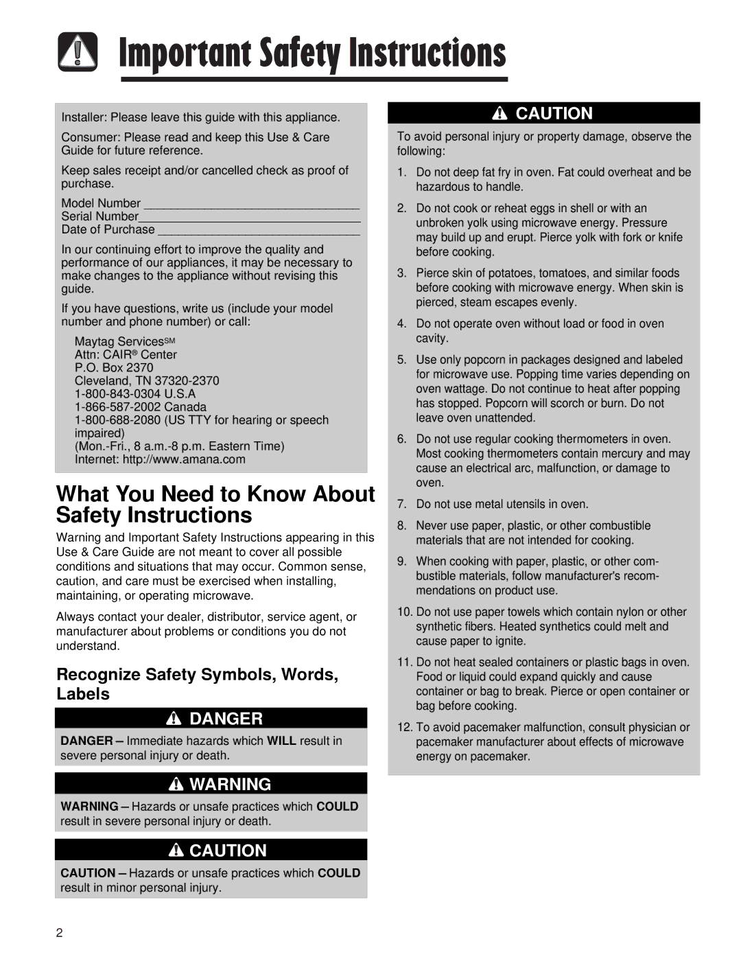 Maytag AMV5164AC, AMV5164AA Important Safety Instructions, Recognize Safety Symbols, Words, Labels 