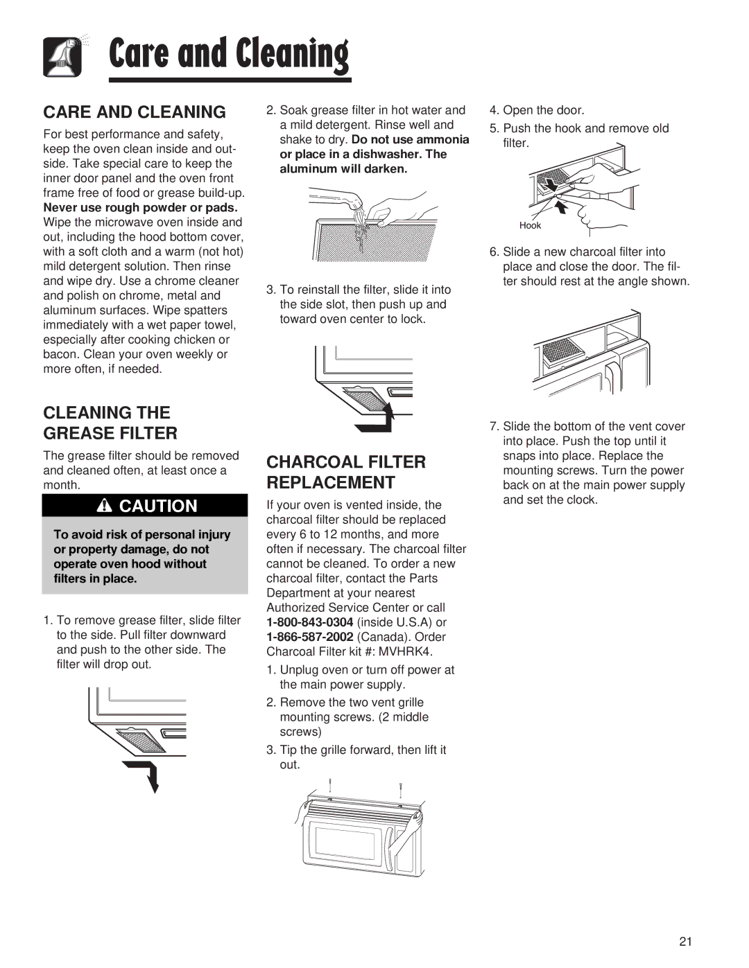 Maytag AMV5164AA, AMV5164AC Care and Cleaning, Cleaning Grease Filter, Charcoal Filter Replacement 