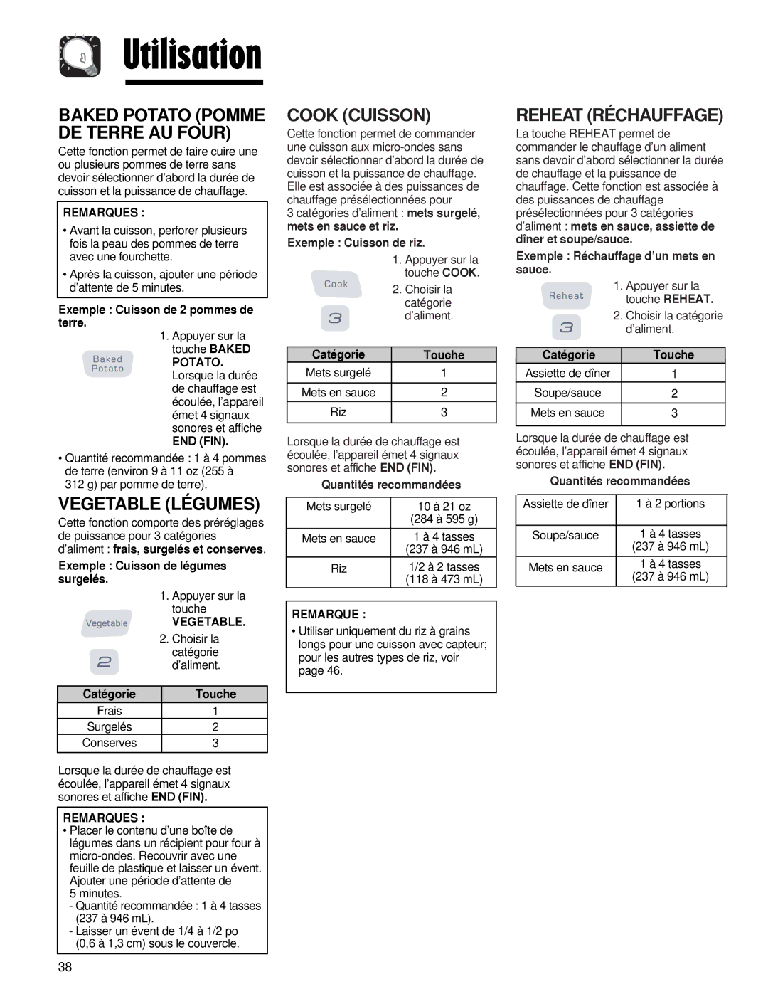 Maytag AMV5164AC, AMV5164AA important safety instructions Vegetable Légumes, Cook Cuisson, Reheat Réchauffage 