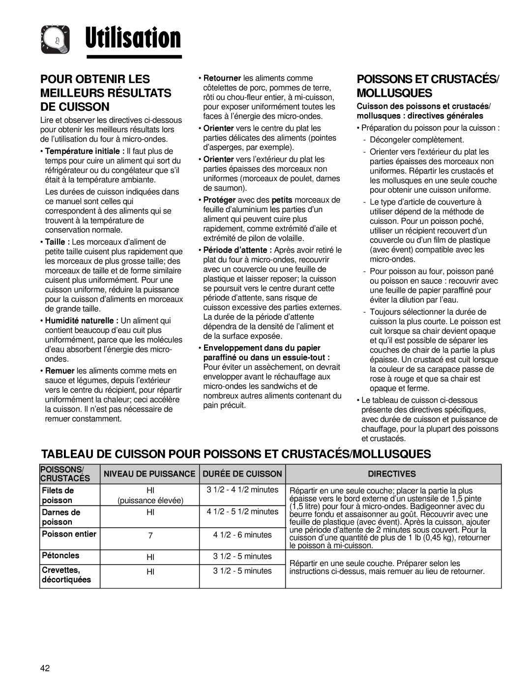 Maytag AMV5164AC Tableau DE Cuisson Pour Poissons ET CRUSTACÉS/MOLLUSQUES, Durée DE Cuisson Directives Crustacés 