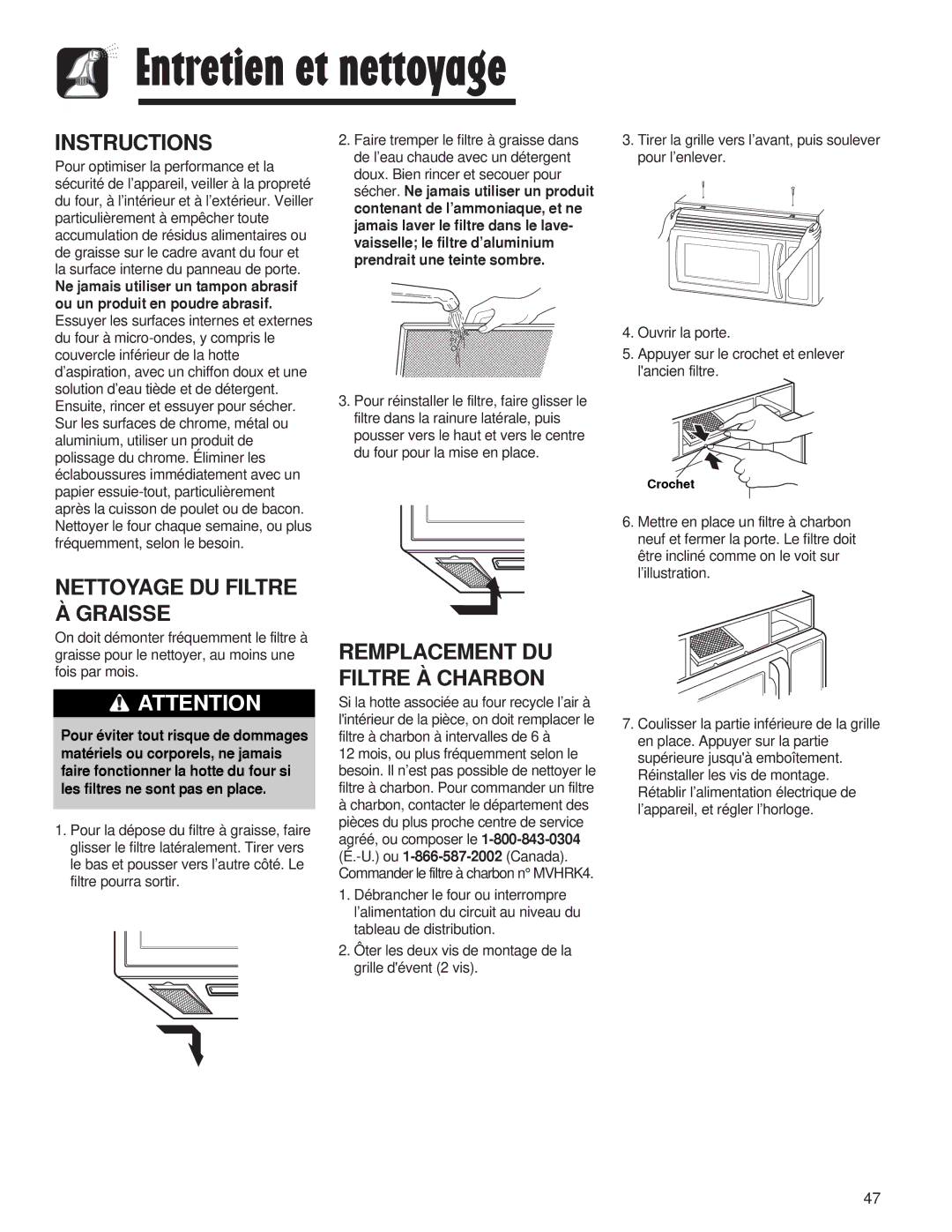 Maytag AMV5164AA Entretien et nettoyage, Instructions, Nettoyage DU Filtre À Graisse, Remplacement DU Filtre À Charbon 