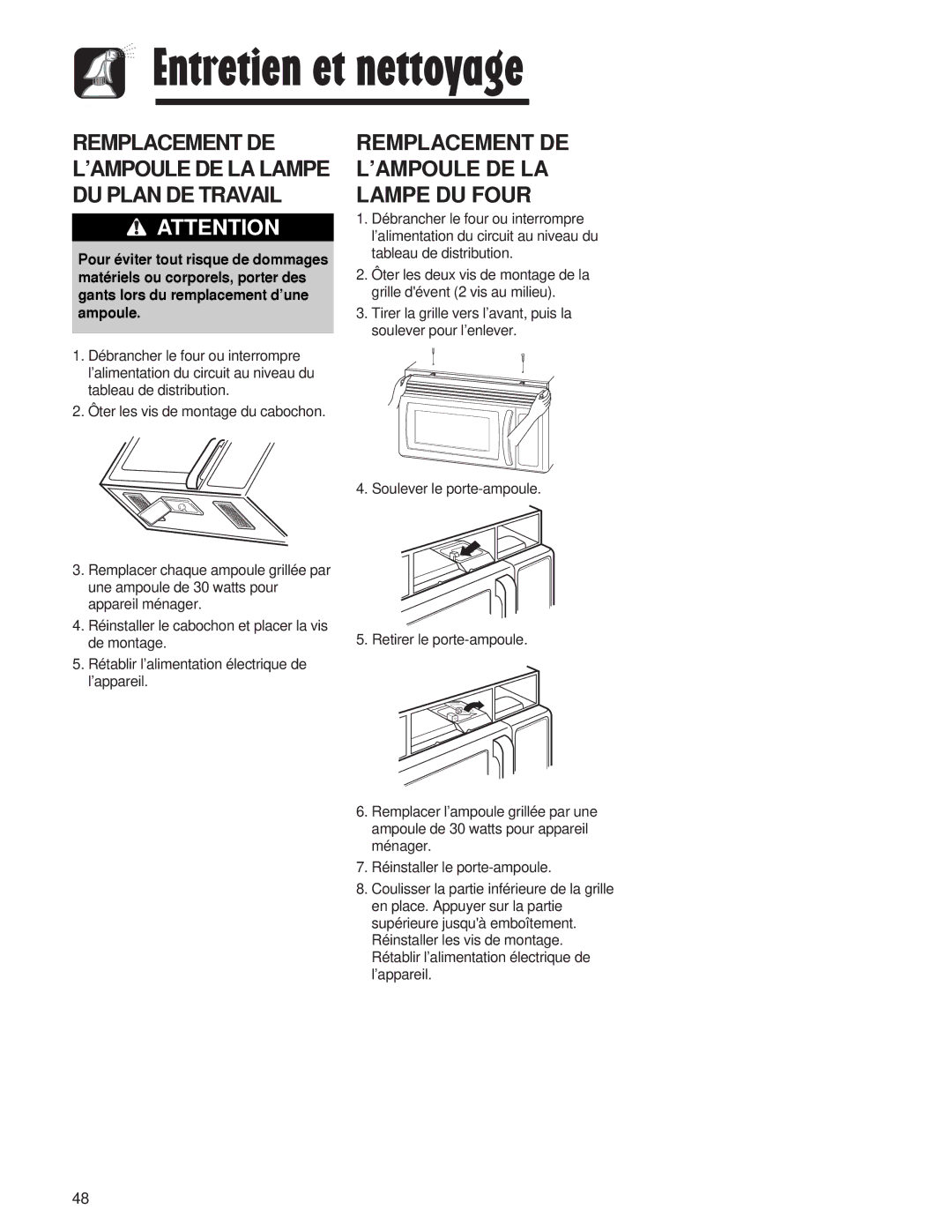 Maytag AMV5164AC Remplacement DE L’AMPOULE DE LA Lampe DU Four, Remplacement DE L’AMPOULE DE LA Lampe DU Plan DE Travail 