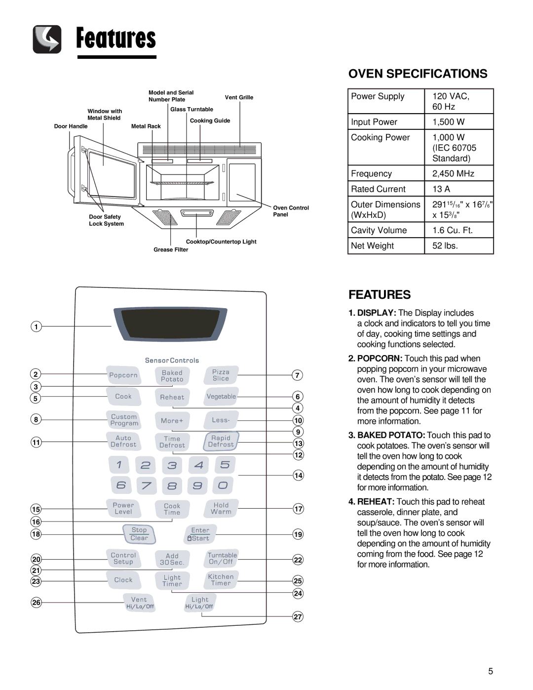 Maytag AMV5164AA, AMV5164AC Features, Oven Specifications, WxHxD 153/8 Cavity Volume Cu. Ft, Net Weight 52 lbs 