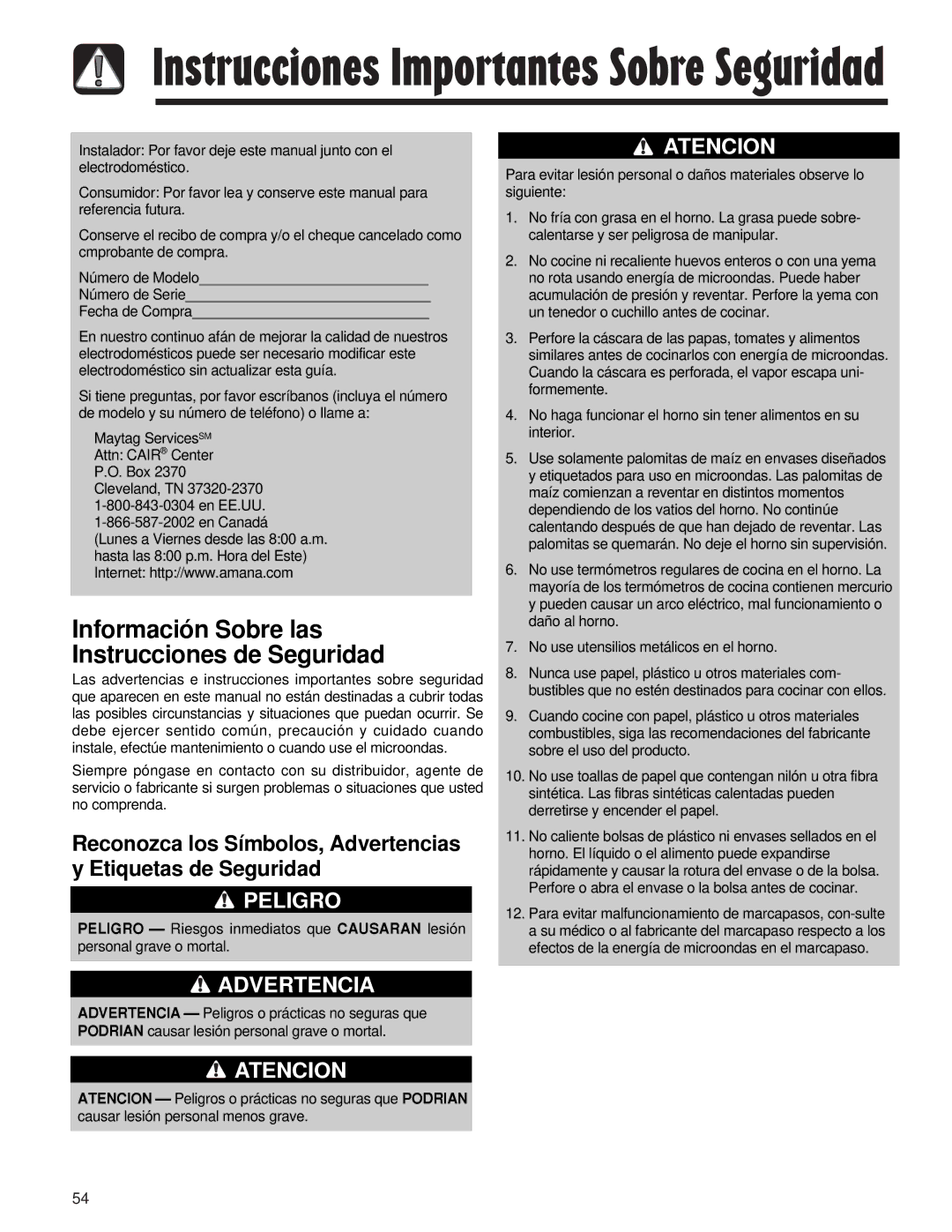 Maytag AMV5164AC, AMV5164AA important safety instructions Instrucciones Importantes Sobre Seguridad 