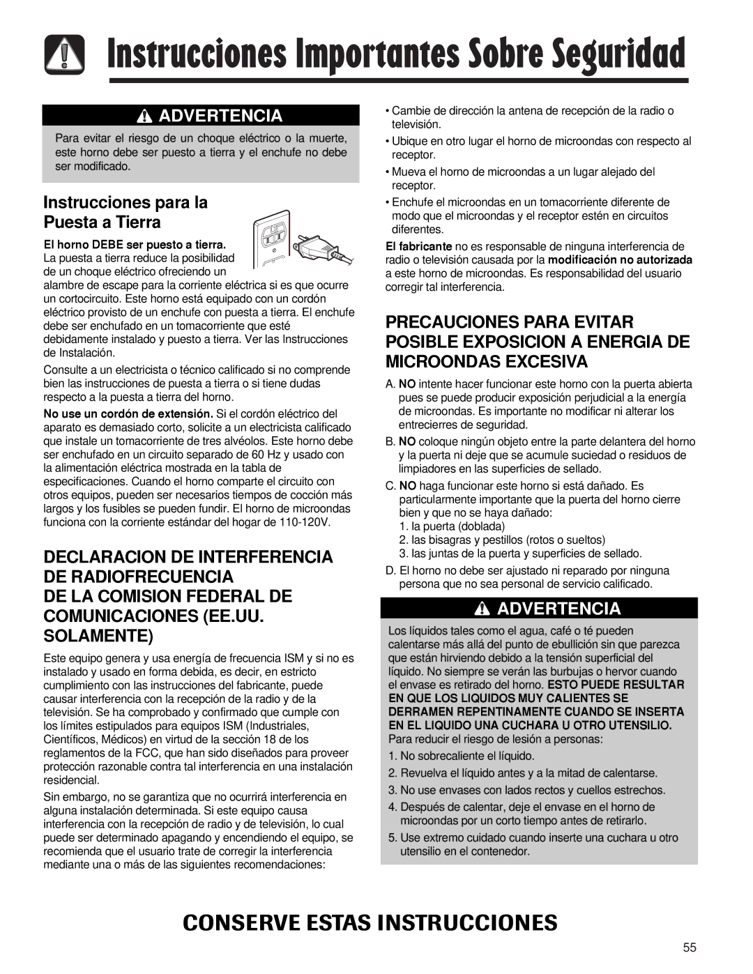 Maytag AMV5164AA Instrucciones para la Puesta a Tierra, DE LA Comision Federal DE Comunicaciones EE.UU. Solamente 