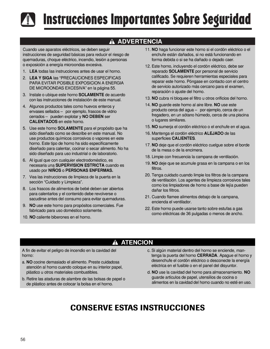 Maytag AMV5164AC LEA todas las instrucciones antes de usar el horno, No cocine demasiado el alimento. Preste cuidadosa 