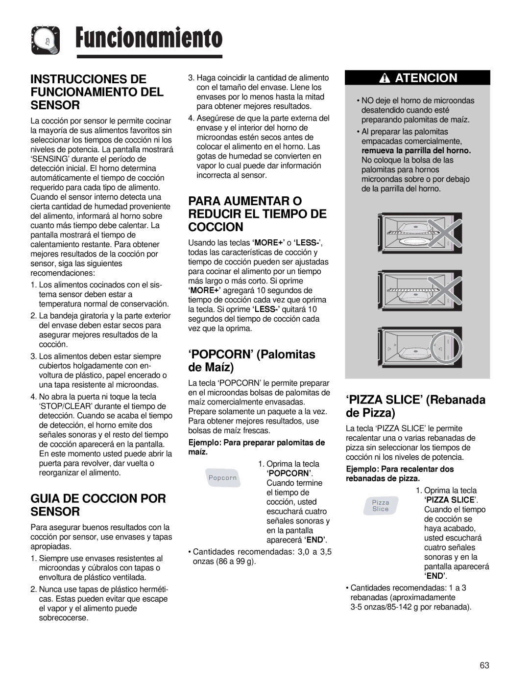 Maytag AMV5164AA, AMV5164AC Instrucciones DE Funcionamiento DEL Sensor, Para Aumentar O Reducir EL Tiempo DE Coccion 