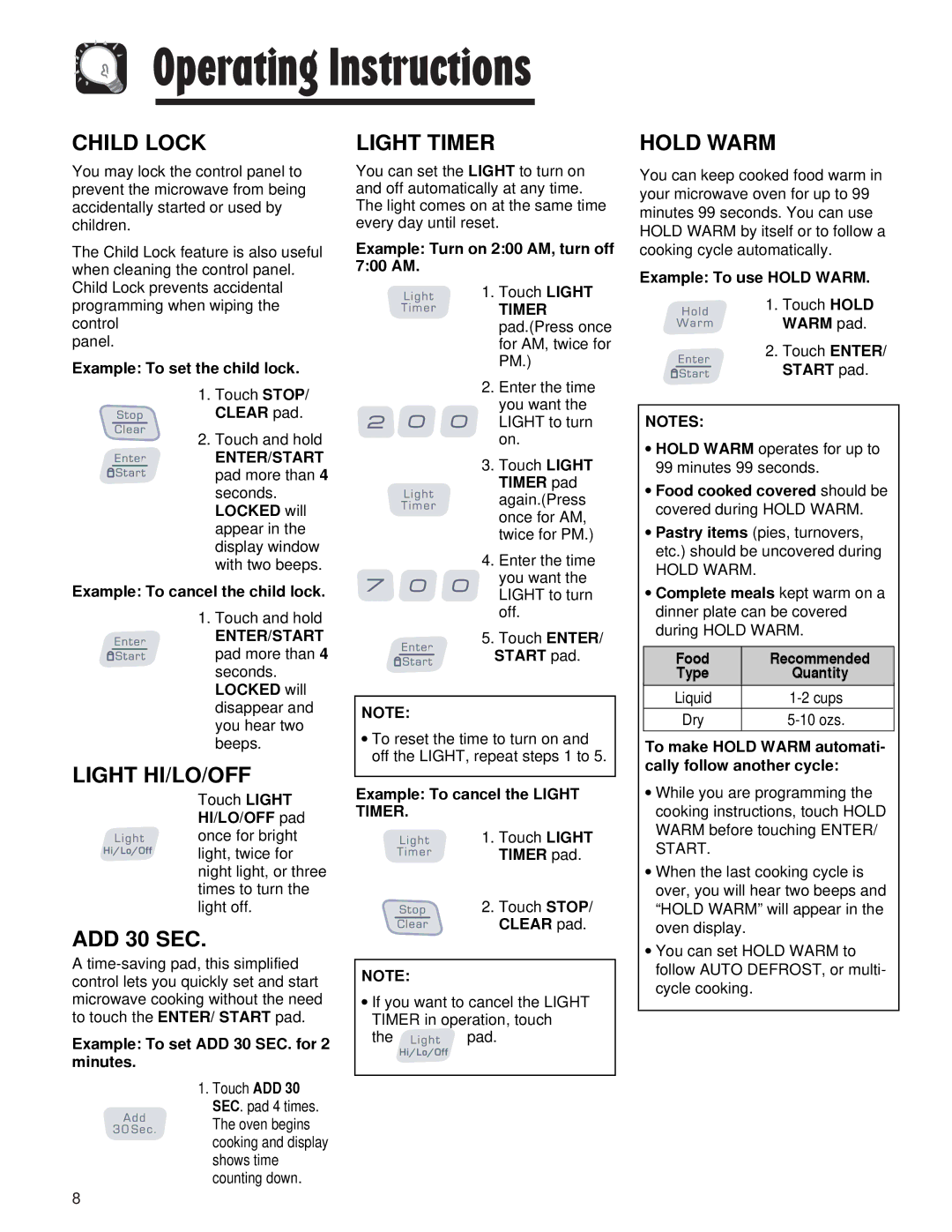 Maytag AMV5164AC, AMV5164AA important safety instructions Child Lock, Light HI/LO/OFF, ADD 30 SEC, Light Timer, Hold Warm 