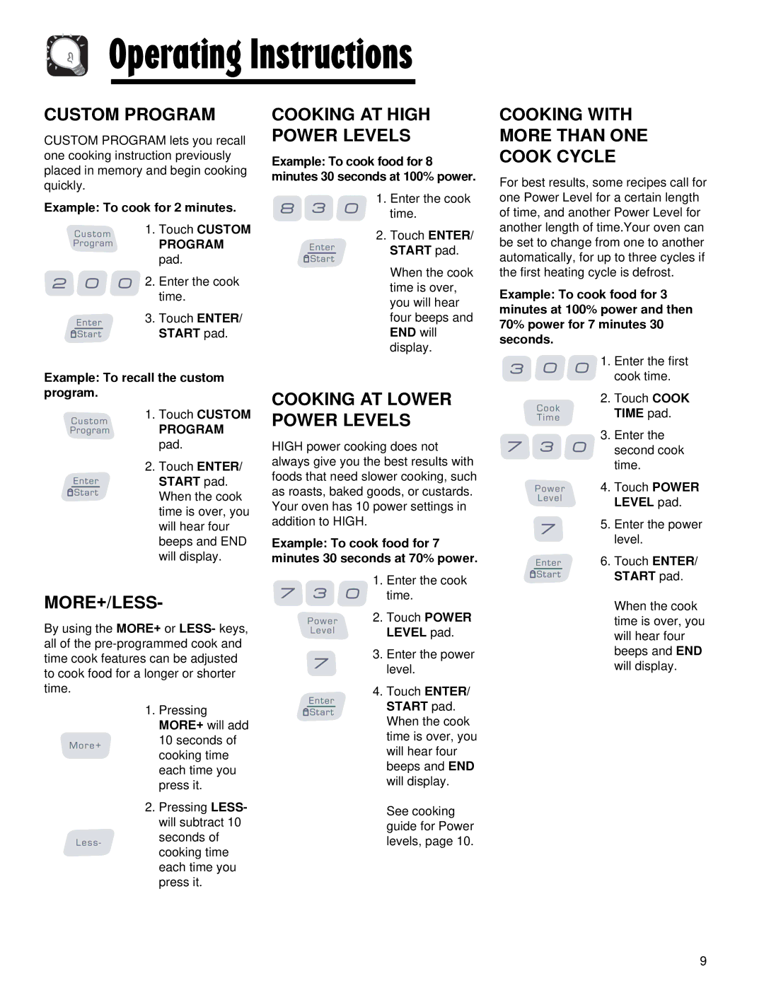 Maytag AMV5164AA, AMV5164AC Custom Program, More+/Less, Cooking AT High Power Levels, Cooking AT Lower Power Levels 