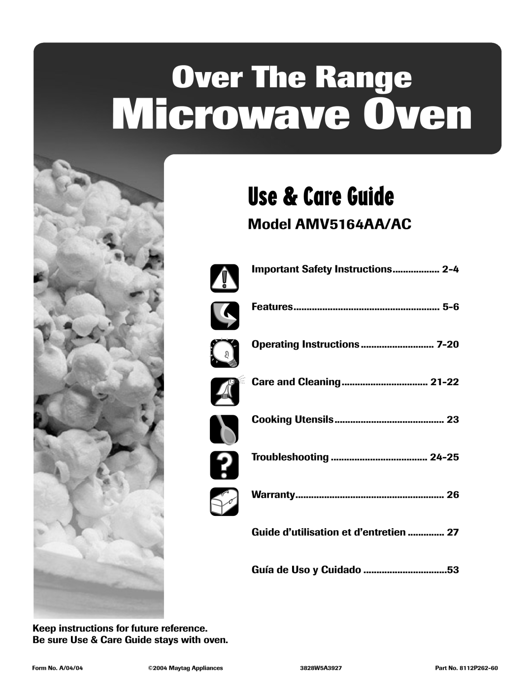 Maytag important safety instructions Model AMV5164AA/AC, Microwave Oven, Over The Range, Use & Care Guide, Features 